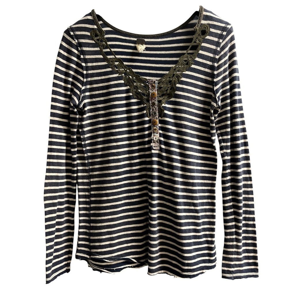Free People Y2K Top Women L Blue Stripped Fitted Embroidered V‎ Neck Boho Hippie